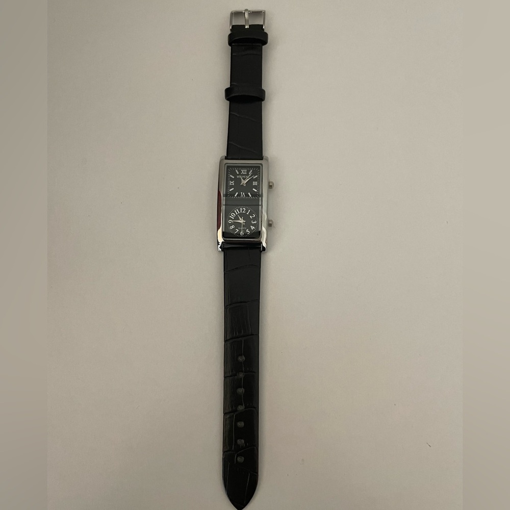 Double face rectangular watch with faux croc strap in black. New with tags!